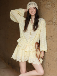 French Style Lace See-Through Blouse and A-Line Mini Skirt Set