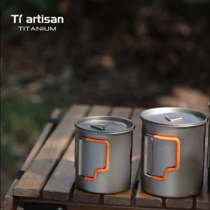 Tiartisan Outdoor Camping Pure Titanium Mug with Collapsible Handle Ultralight Portable Tea Cup Coffee Mug Drinkware