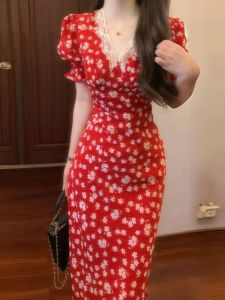 Váy Dài Tay Bồng Cổ Chữ V Họa Tiết Hoa Kiểu Pháp Váy Mùa Hè Thường Ngày Cho Nữ Váy Dài Đến Giữa Bắp Chân