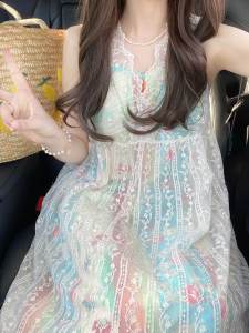 Retro Heavyweight Lace Overlap Vest Dress Women Summer Sweet Holiday Style Midi Cover up Two Piece Set French Style A-Line Skirt