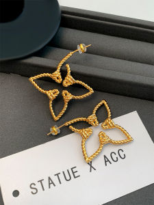 Unique Hollow Woven Four Leaf Clover Leaf Earrings for Women Gold Plated Hong Kong Style Fashion Jewelry Statue Original Design