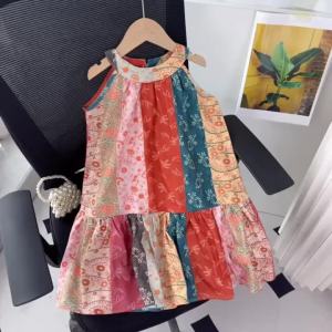 Bear Leader Ethnic Style Fragmented Flower Splicing Sling Dress Summer Ootd for Kids Girl Sleeveless Neck Hanging Dressess