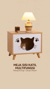 Wooden 2-in-1 Cat Bedside Table Nightstand | Indoor Pet House Cave with Cat Shape & Paw Print Design