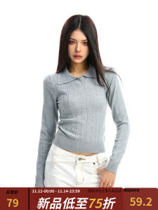 Slim Fit Short Sleeve Polo Neck Knit Sweater Womens Autumn Fashion Solid Color Striped Top Biggold Simple Pure Color Polo Neck Sweater