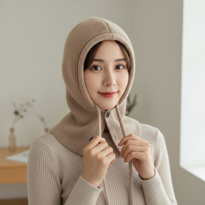 หมวกคลุมหัวแบบคาร์ดิแกนผ้าถักสำหรับผู้หญิงในฤดูใบไม้ร่วงและฤดูหนาว ปกคลุมหูและคอ ผ้าถัก อบอุ่น หมวกคลุมคอแบบสวมสบาย