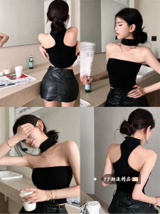 Korean Style Hanging Neck Strap Small Vest Womens Fashion One Shoulder Tube Top Inner Wear Black Top Outerwear Spring 2025