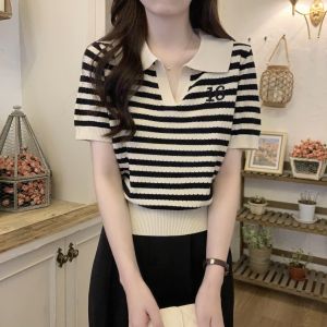 plus Size Womens Clothing Polo Collar Short Sleeve Stripes T-shirt Womens Summer Stylish Cut Out Contrast Color Bottoming Tops