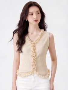 SHUAIYUE | Áo Dạ Không T Tay Có Viền Ren Màu Vàng Nhạt