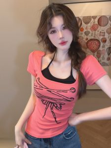 GUZILIAN | Spicy Girl Print Halter Neck Short Sleeve T-Shirt Womens Slim Fit Summer Top With Chest Pad Color Block Design Korean Style