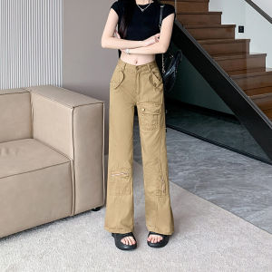 Wanita Jeans Celana Cargo Celana Panjang Pinggang Tinggi Lurus Banyak Kantong Desain