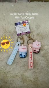 [2 Piggy Pig Boba Milk Tea] Cute Couple Keychain Boyfriend Girlfriend Gift Valentine Young Love Backpack Bag Key Ring
