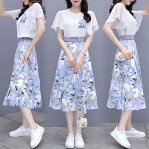Floral Print Chiffon Dress Set Womens Summer Fashion Slimming Popular Half-length Skirt Two-piece Set round Neck Short Sleeve