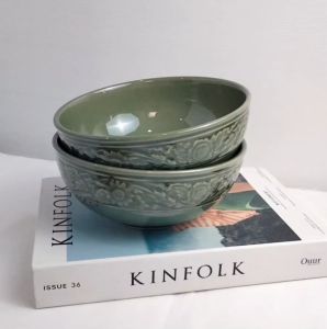 จานเซรามิค ถ้วย จาน  เคลือบศิลาดล ลายไทยดอกพุดตาน ขนาด 4.5นิ้ว - 9นิ้ว อาหารไทย สไตล์ไทย เข้าไมโครเวฟได้