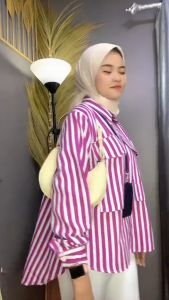 Kemeja Focket Saku Motif Garis Salur Bahan Polly Rayon Premium Lengan Panjang