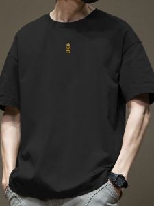 Loose Mens Short Sleeve T-Shirt Summer 2024 New Fashion Half Sleeve Top Five-Quarter Collar with Tie Clip Trendy Brand