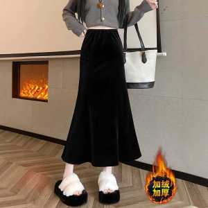 กระโปรงทรงหางปลาผ้ากำมะหยี่สีดำหนา ทรงเอ กระโปรงทรงเอเอวสูง กระโปรงทรงเอสำหรับผู้หญิง ฤดูใบไม้ร่วง/ฤดูหนาว