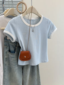 Color Block Design Short Sleeve T-Shirt Womens Summer Korean Style Slim Fit Shoulder High Waist Chic Sweet Spicy Half Sleeve Top Trendy Brand