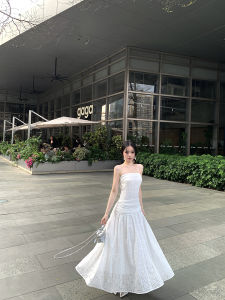 White One-Shoulder Sleeveless Bridesmaid Dress Womens Summer Slim Fit Waist Cinched French Style Long A-Line Dress