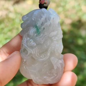 High Quality Semi Icy Translucent Light Green Light Lavender Natural Type A Jadeite Jade crafted with Dragon as Pendant certificate weighs 35.24 grams measurement 55.7 * 33.3 * 13.3 mm (pendant264)