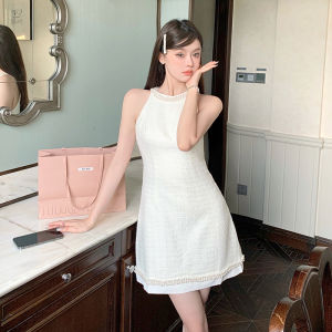 Summer French Beaded Pearl Strap Waist Cinching Dress Womens Short A-Line Skirt High Waist round Neck Invisible Zipper Pure Color