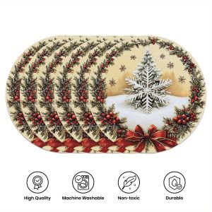 VIKAMA 6PC Christmas Pinecone Berry Mat Cedar Red Berry Bow Snowflake Table Restaurant Christmas Party Decoration
