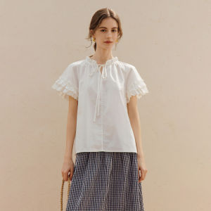 INMAN | Cotton French Lace Small Flounce Short Sleeve White Blouse
