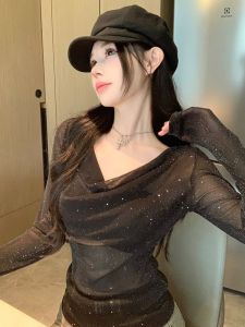 GUZILIAN | American Style Unique Cool Spicy Girl V-Neck Base Shirt Womens Mesh Top High Design Long Sleeve Autumn Fashion Korean Version