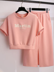 Pink Short Sleeve Sporty T-Shirt And Skirt Set Womens Casual Summer Outfit High Waist A-Line Skirt round Neck H-Shape Dress