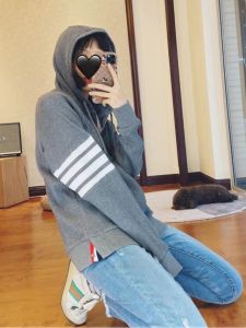TB Four Bars Zipper Hoodie Pure Cotton Mens Loose Fit Spring Autumn Trendy Long Sleeve Striped Pattern Korean Style Jacket
