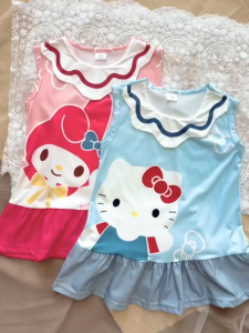 1-9 ขวบ วันแม่ กระโปรงสีฟ้า เดรสเด็กแขนกุด ลายการ์ตูนน่ารักๆ ทรงหลวม สําหรับเด็กผู้หญิง ชุดเดรสเด็กผู้หญิง