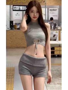 Low Waist Knitted Short Pants Womens Casual Bottoms Tight Fit Spring Autumn Pure Color Street Style Straight Leg Trousers