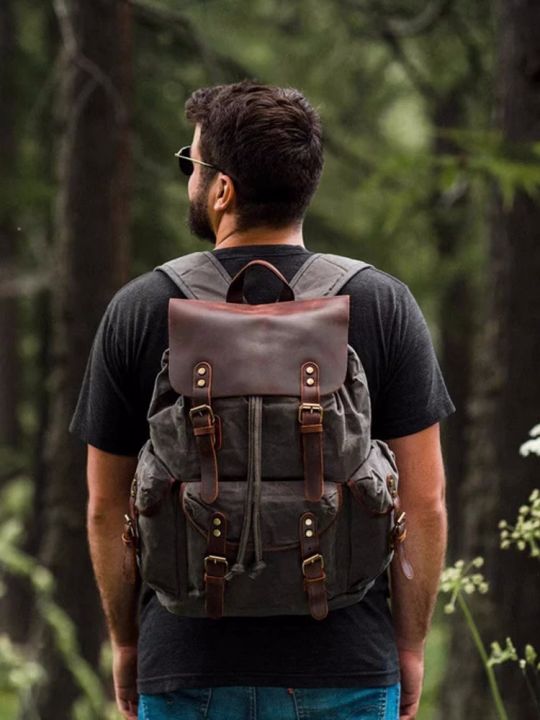 MUNUKI Vintage Waterproof Canvas Backpack For Men Bagpack Leather School  Backpack For 15 inch Laptop Large Capacity Travel Hiking Rucksack SH-112