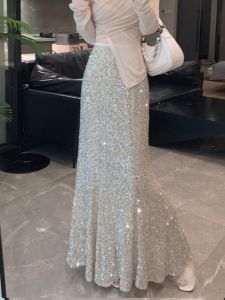 กระโปรงทรงเอเอวสูงประดับลูกไม้สะท้อนแสงสีสันสดใสสำหรับผู้หญิงในช่วงฤดูใบไม้ผลิ 2024 กระโปรงทรงเอเอวสูงทรงเอทรงเข้ารูป