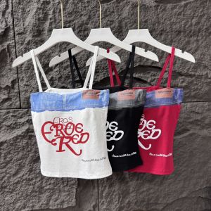 Áo Vest Denim Không Tay Ôm Vừa Vặn in Chữ Mùa Hè Cho Nữ Áo Khoác Ngoài Thiết Kế Gợi Cảm Màu Tương Phản Áo Thun Cotton Polyester