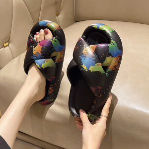QIAOHUI | Eva Material New Trendy Graffiti Cross Straps Thick Sole Non-slip Beach Slipper