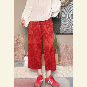 กางเกงขายาวทรงตรงเอวสูงผ้าซาตินลายดอกไม้สีแดงสำหรับผู้หญิงไซส์ใหญ่ฤดูใบไม้ร่วงปี 2025 กางเกงขายาวทรงหลวมสไตล์จีนใหม่