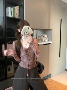 Kumikumi Spicy Girl Style Butterfly Knot Long Sleeve Slim Fit T-Shirt Womens Autumn Winter Vintage Elegant Shoulder Level Top