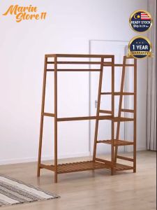 Wooden Clothes Drying Rack Hanging Rack Wardrobe Coat Rack Cabinet Multifunction Almari Rak Baju Penyangkut Pakaian 晾衣架