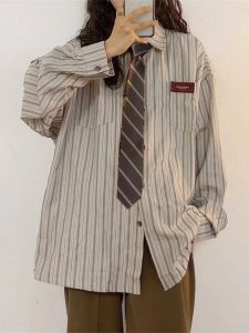 American Retro Stripes Long Sleeves Coat Shirt Men and Women Spring & Fall Hong Kong Style CIHC Stylish Niche Style Bandage Dress Tops Tide