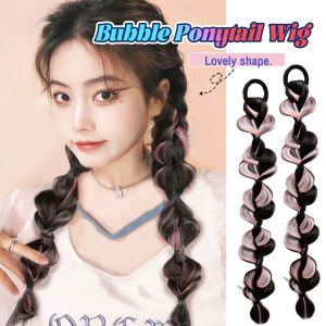 Homehub Natural Dyed Ponytail Wig Twist Braids Hand Editing Bubble Ponytail Wig Synthetic Ponytail Straight Hair Wig