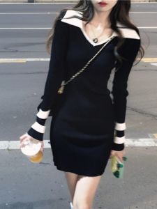 Pure Desire Long Sleeve Polo Collar Knitted Slim Fit Short Dress Womens Autumn Bodycon Black High Waist Wrap around Skirt