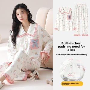 Miiow | Womens Long Sleeve Sleepwear Set With Chest Pad Home Wear Outerwear Cute Cotton Comfortable Spring Autumn Seasonal Clothing