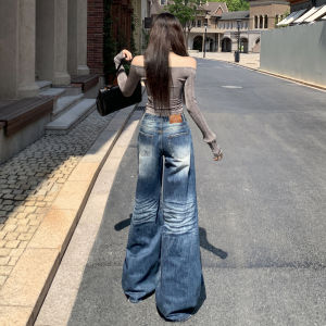 Retro Wide Leg Jeans Womens Low Waist Slimming Loose Straight Floor-Length Pants Casual Cotton Denim Vintage Pattern