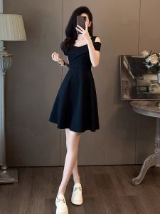 Elegant Black French Style Off-Shoulder A-Line Dress Slimming Flirty Summer Womens Dress Hepburn Style High Waist Polyester Fiber