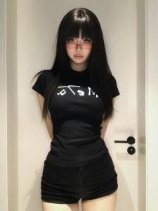 Slim Fit American Style Womens T-Shirt with Short Sleeves and Letter Printed Halter Top for Summer Size: Regular