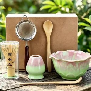 Japanese Matcha Tea Set 6Pcs Ceramic Matcha Bowl Bamboo Whisk Chasen Holder Sieve Spoon Tea Ceremony Kit