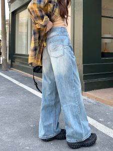 American Retro High Waist Wide Leg Jeans Womens Loose Embroidered Washed Denim Spring Fashion Ladies High Waist Loose Jeans