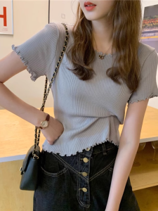 Summer 2024 Womens Slim Fit Ice Silk Short Sleeve Knitted T-Shirt Grey Wood Grain Edge High Waist Short Top Sweet Japanese Style