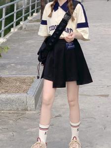 Summer Cool Girl Wear Sweet and Spicy Style Fried Street Preppy Style Hong Kong Style Retro Chic Top Skirt Two-piece Set Fashion