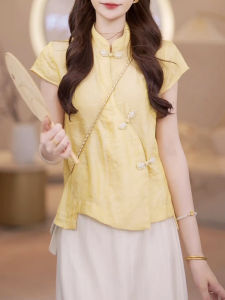 Shalldoer | Áo sơ mi nữ tay ngắn dáng rộng cổ đứng mùa hè mới phong cách Trung Hoa cổ điển thời trang thường ngày không đều màu trơn